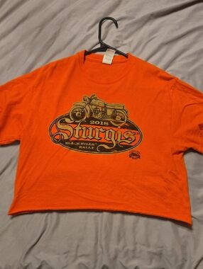 Gildan Orange Graphic Crop Top with Motorcycle Rally Print